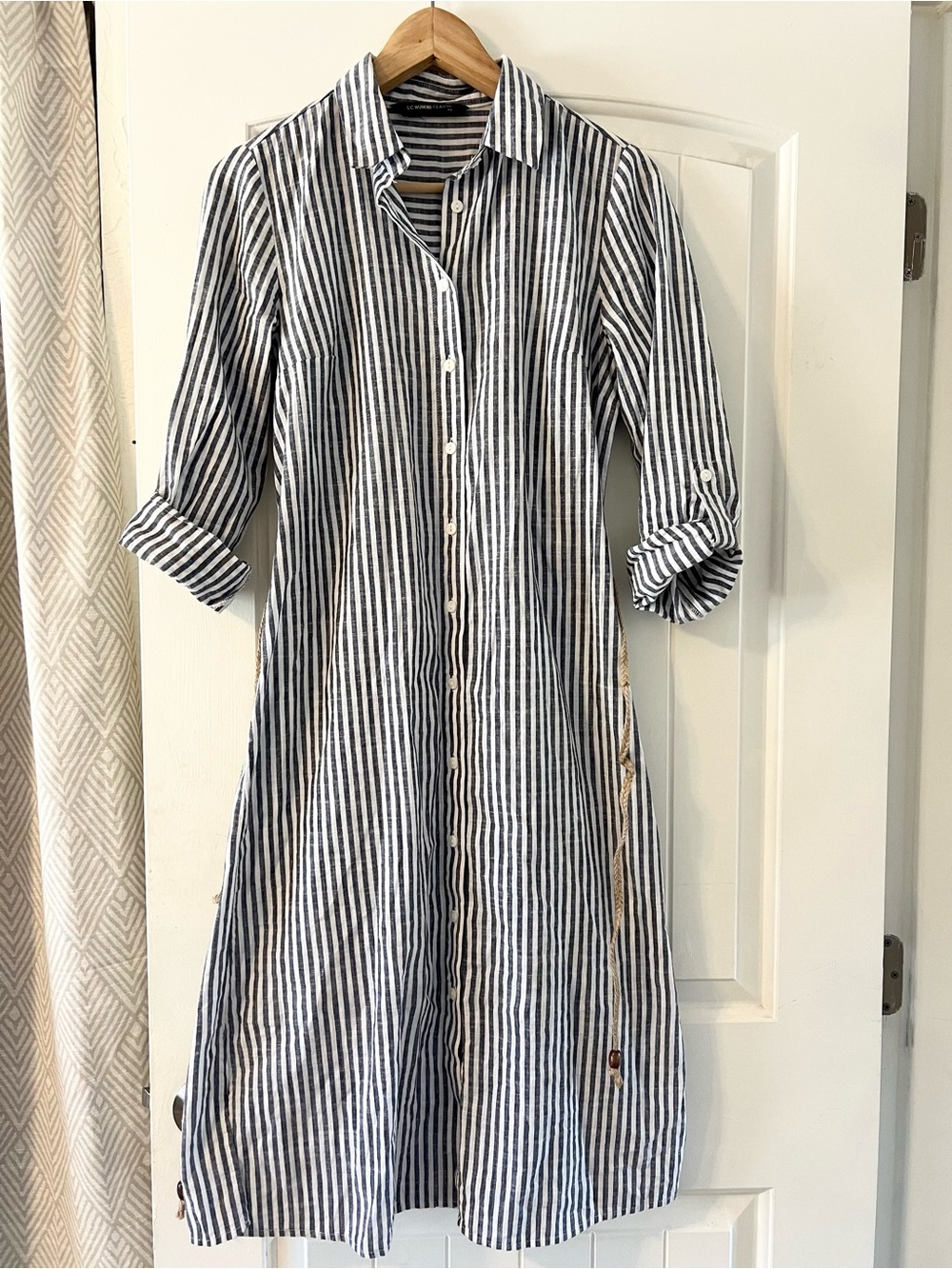 Striped Button-Front Midi Button Down Shirt Dress in Navy and White Belted 36